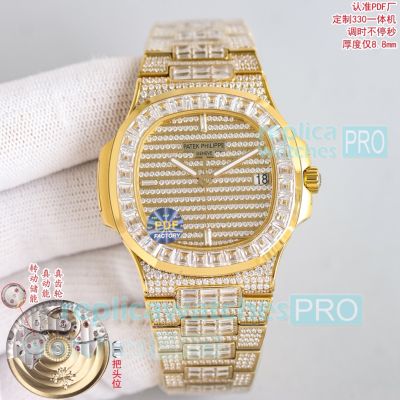 Luxury Replica PDF Factory Yellow Gold Iced Out Patek Philippe Nautilus 5719 Watch 